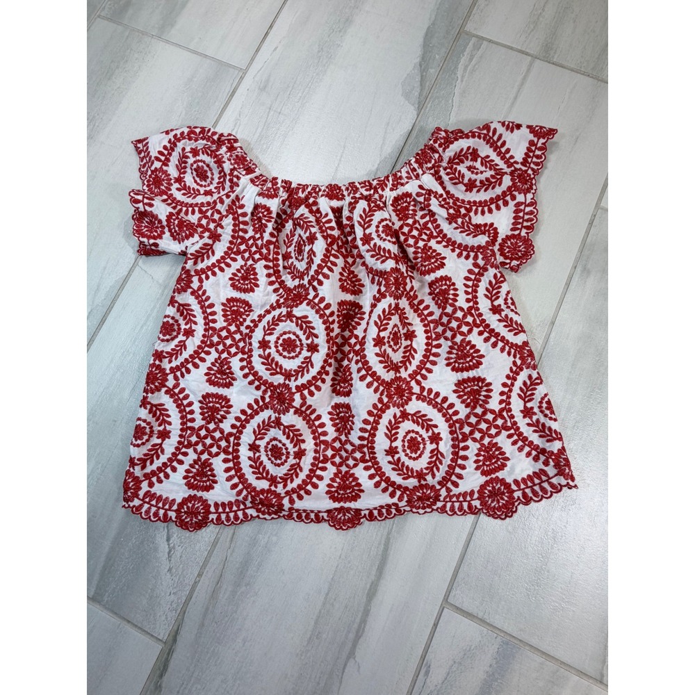 Entro Womens Red White Embroidered Off Shoulder Cotton Boho Top T146 Small - Picture 2 of 7